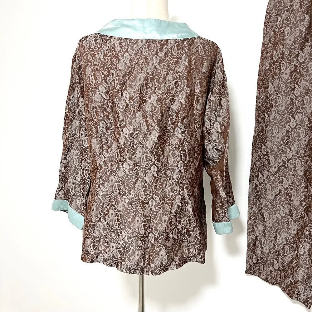 Vintage Chandler Ladies 2 Piece Pajama Set XL L Paisley Damask Cocoa Brown Aqua